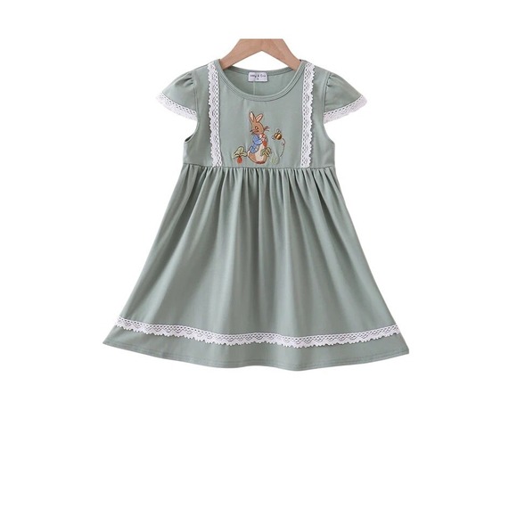Other - Kids classic Bunny Rabbit Embroidered Lace Trim Dress Sage Green Size 12m Easter